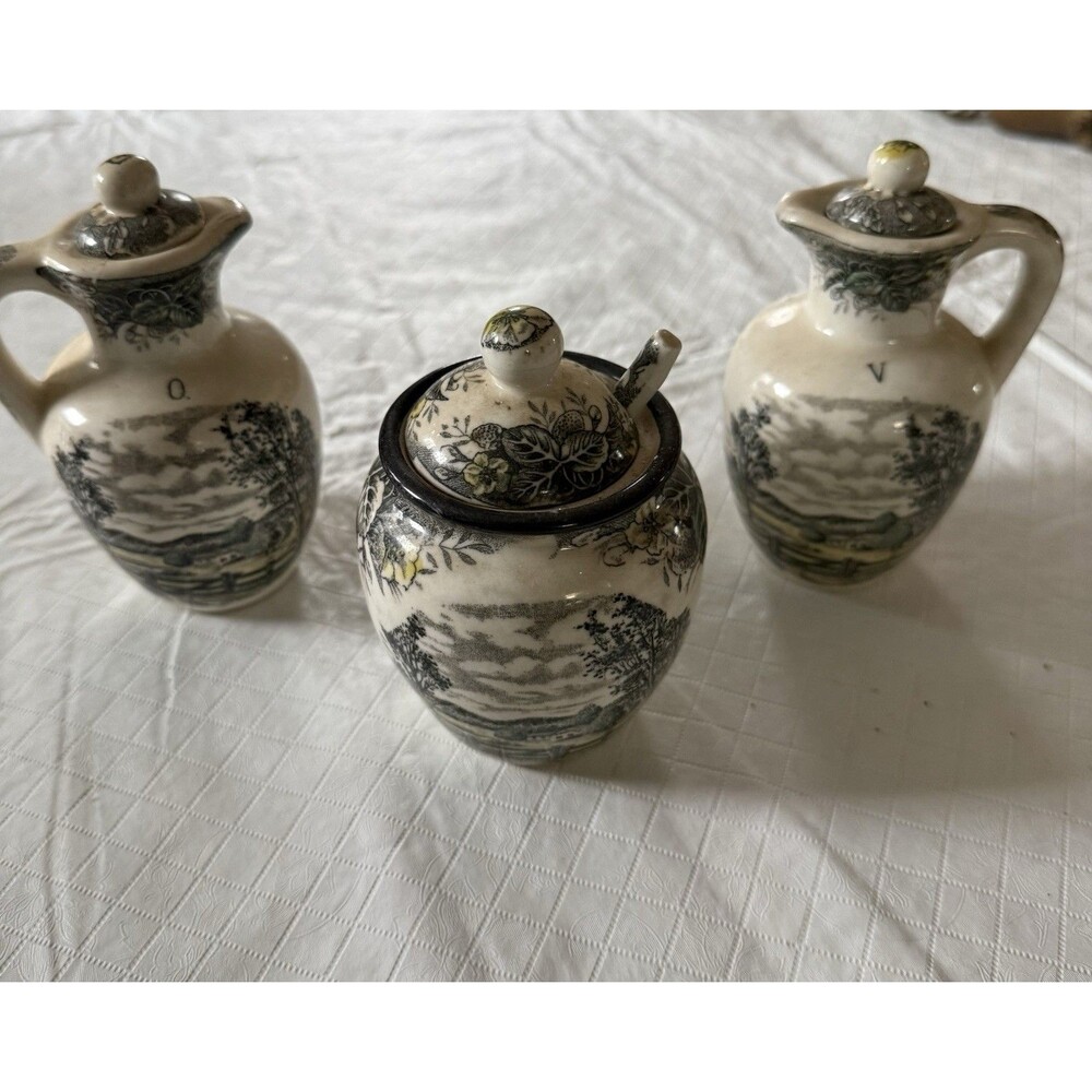 Vintage Rural Scenery Oil & Vinegar And Sugar Bowl With Spoon transfer Ware Farm
